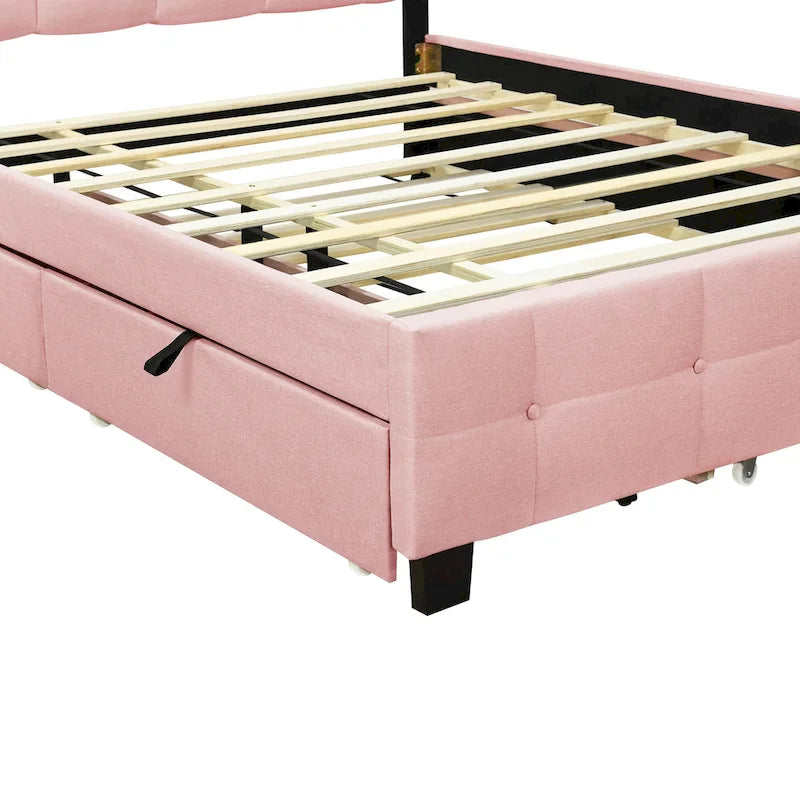 Remote Control LED Headboard Bed Frame Linen Fabric Upholstered Platform Bed with Pull-out Trundle Bed & 2 Drawers
