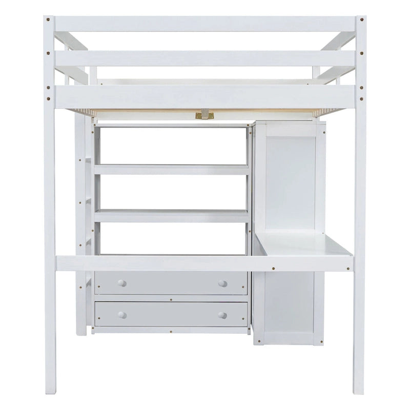 Full Size Pinewood Loft Bed with Built-in Study Desk and Wardrobe, Storage Shelves and 2 Drawers, Full-length Guardrails
