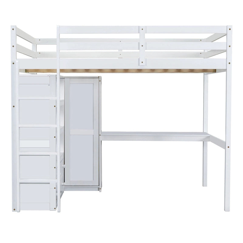 Full Size Pinewood Loft Bed with Built-in Study Desk and Wardrobe, Storage Shelves and 2 Drawers, Full-length Guardrails