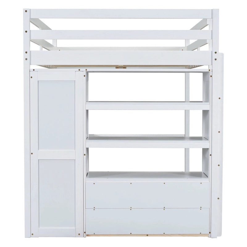Full Size Pinewood Loft Bed with Built-in Study Desk and Wardrobe, Storage Shelves and 2 Drawers, Full-length Guardrails