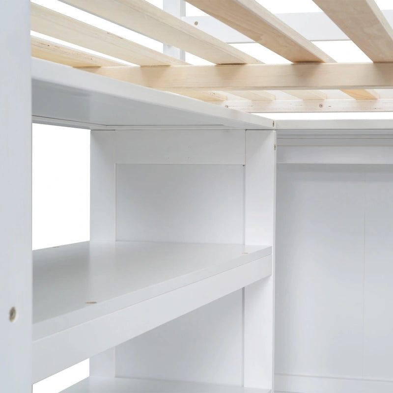 Full Size Pinewood Loft Bed with Built-in Study Desk and Wardrobe, Storage Shelves and 2 Drawers, Full-length Guardrails