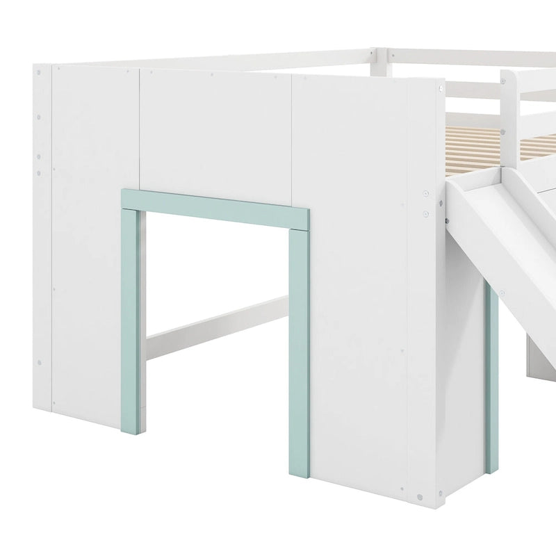 Full Size Low Loft Bed with Built-in Slide, Solid Wood Bed Frame with 3 Storage Drawers & 2 Doors for Kids Boys Girls Bedroom