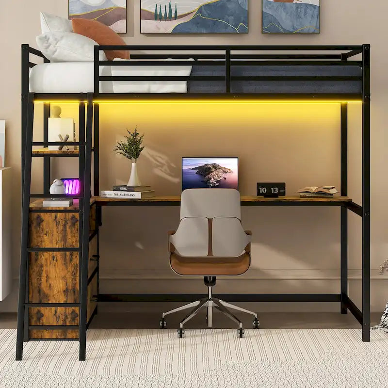 Twin Size Metal Wood Loft Bed with Desk, Shelves, LED Light, and USB Charging