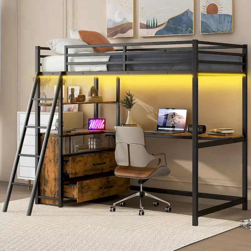 Twin Size Metal Wood Loft Bed with Desk, Shelves, LED Light, and USB Charging