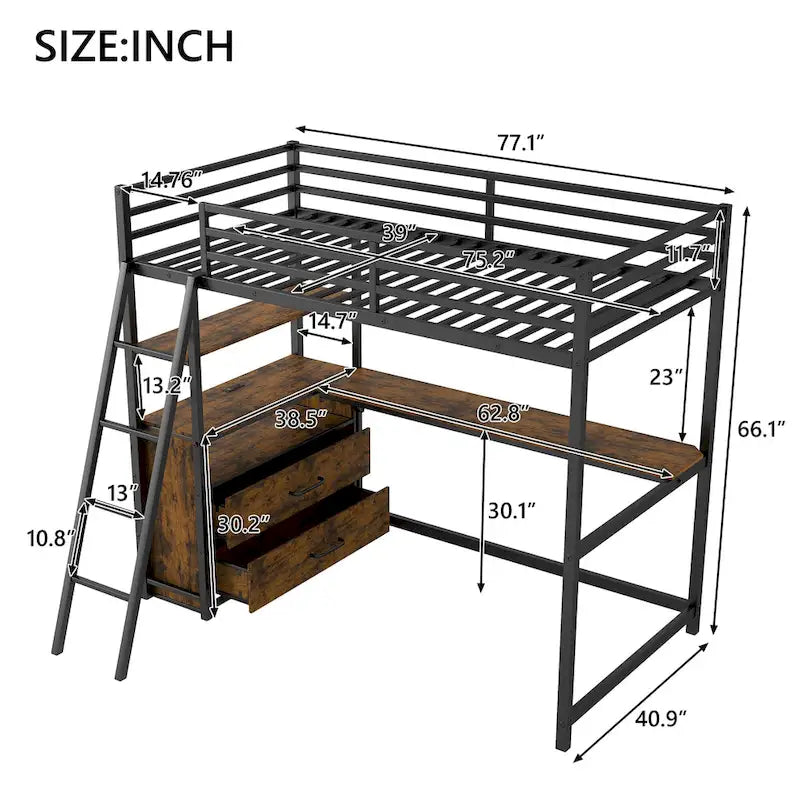 Twin Size Metal Wood Loft Bed with Desk, Shelves, LED Light, and USB Charging