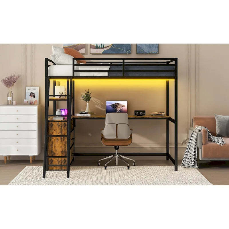 Twin Size Metal Wood Loft Bed with Desk, Shelves, LED Light, and USB Charging