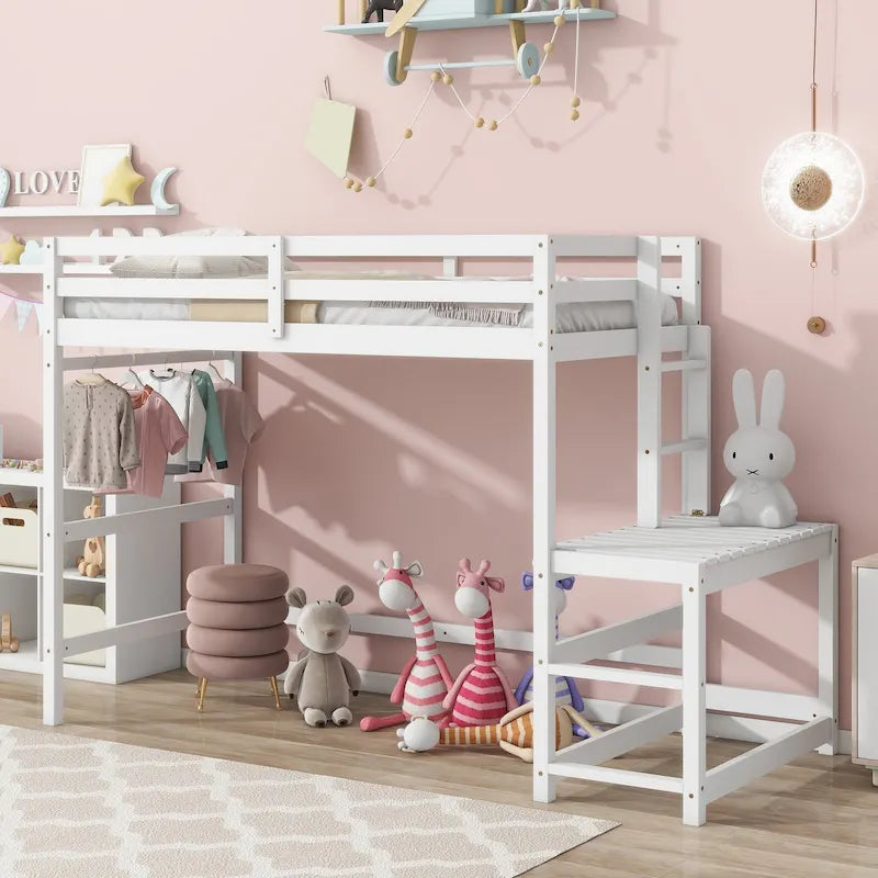 Twin Size Pine Wood High Loft Bed with Ladder