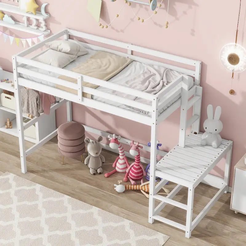 Twin Size Pine Wood High Loft Bed with Ladder