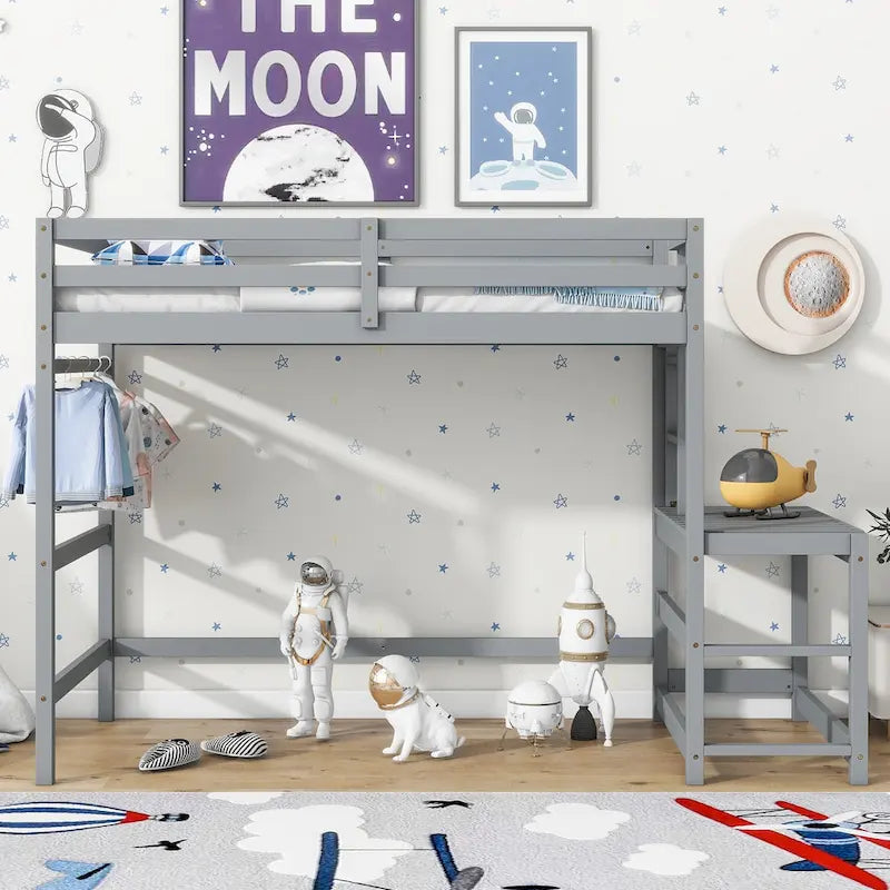 Twin Size Pine Wood High Loft Bed with Ladder