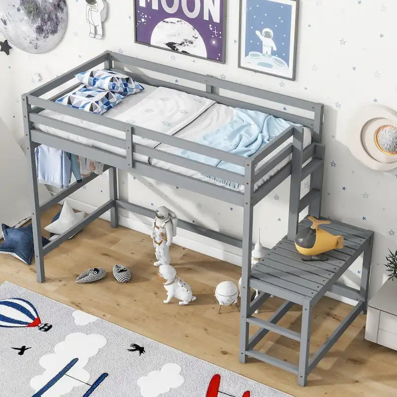 Twin Size Pine Wood High Loft Bed with Ladder