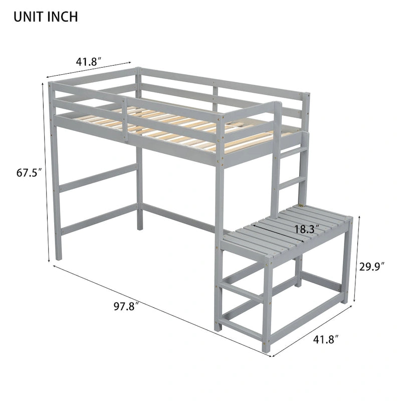 Twin Size Pine Wood High Loft Bed with Ladder