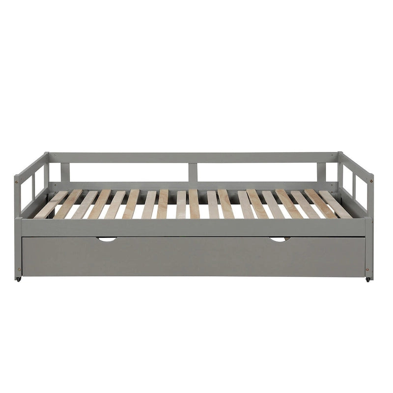 Grey Pine Wood Twin Size Daybed with Trundle and Slat Kit - Elegant Design