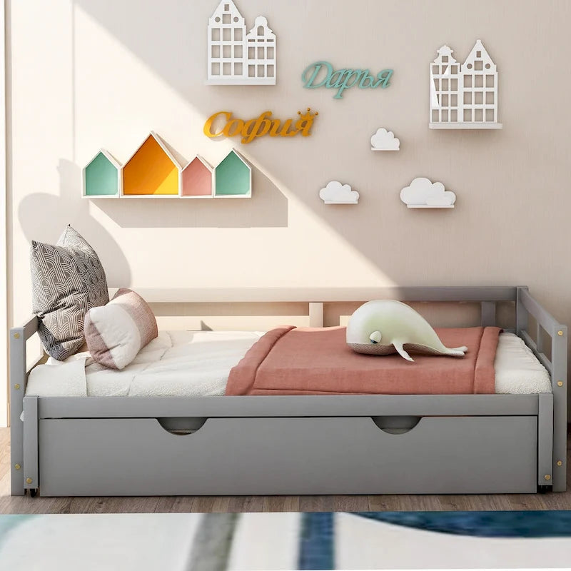 Grey Pine Wood Twin Size Daybed with Trundle and Slat Kit - Elegant Design