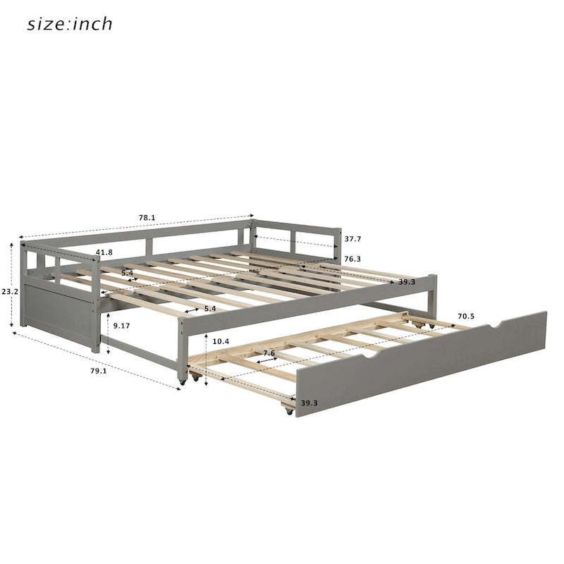 Grey Pine Wood Twin Daybed with Trundle and Slat Kit - Elegant and Functional