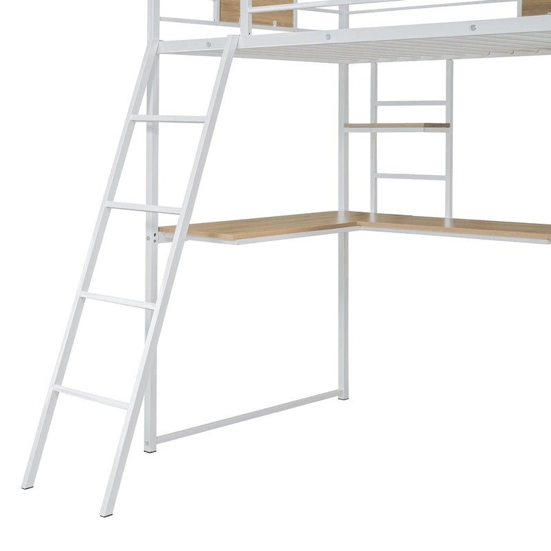 Twin Size Metal Wood Loft bed with L-shape Desk, Wardrobe, Fence and Ladder