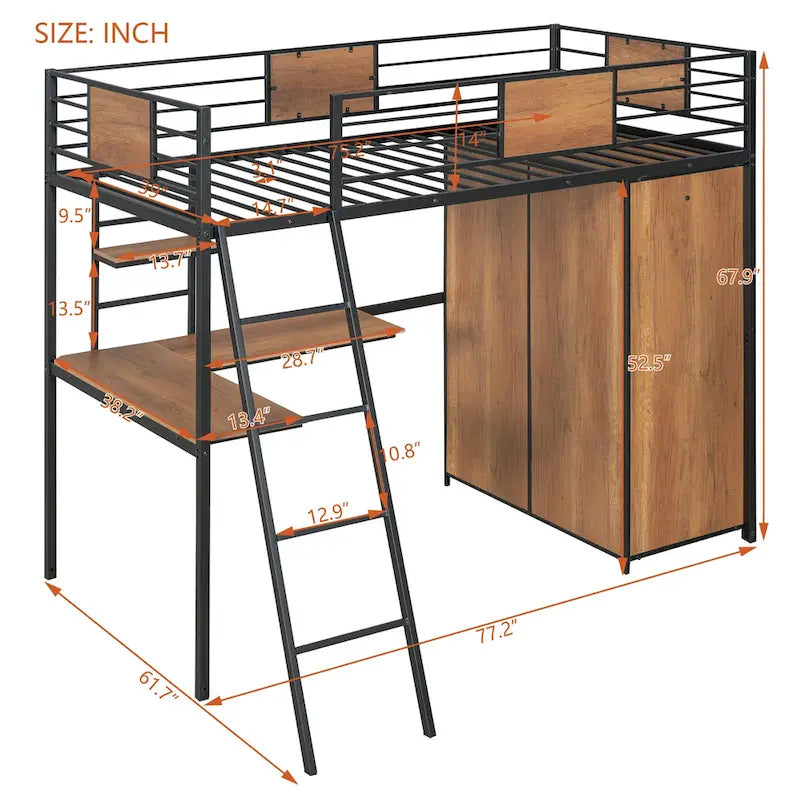 Twin Size Metal Wood Loft bed with L-shape Desk, Wardrobe, Fence and Ladder