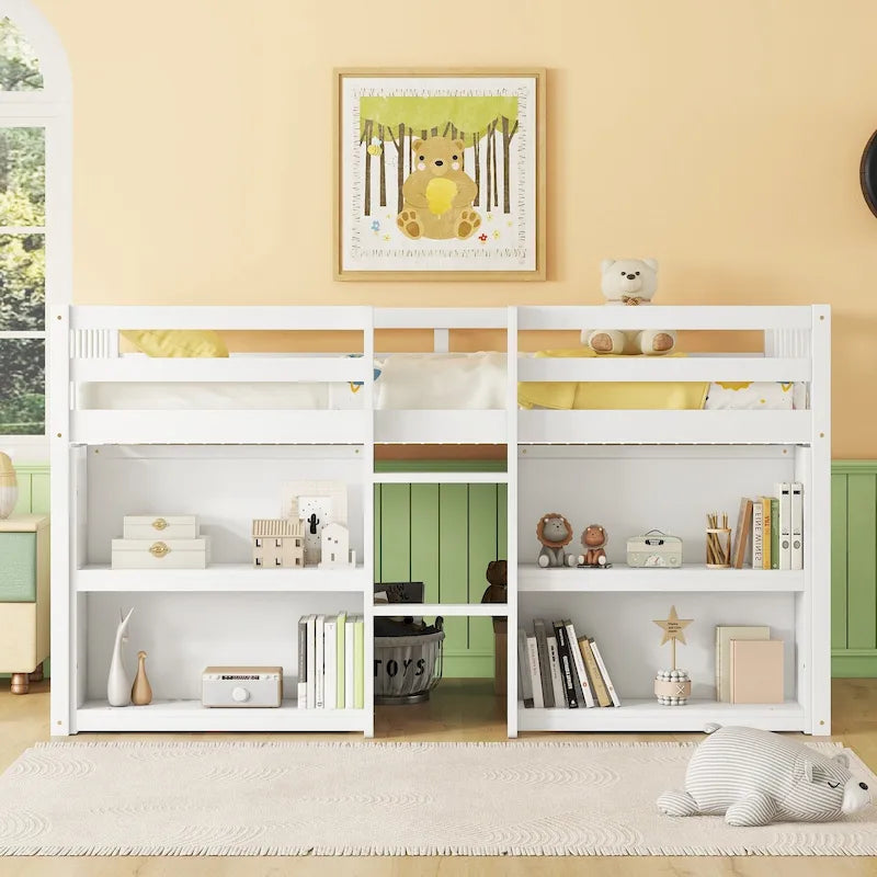 Twin Size Wood Low Loft Bed With Two-Tier Shelves and LED Light for Kids, Boys and Girls