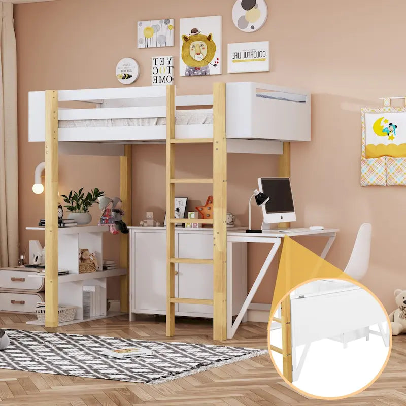 Twin Size Solid Wood Loft Bed with Built-in Storage and Foldable Desk