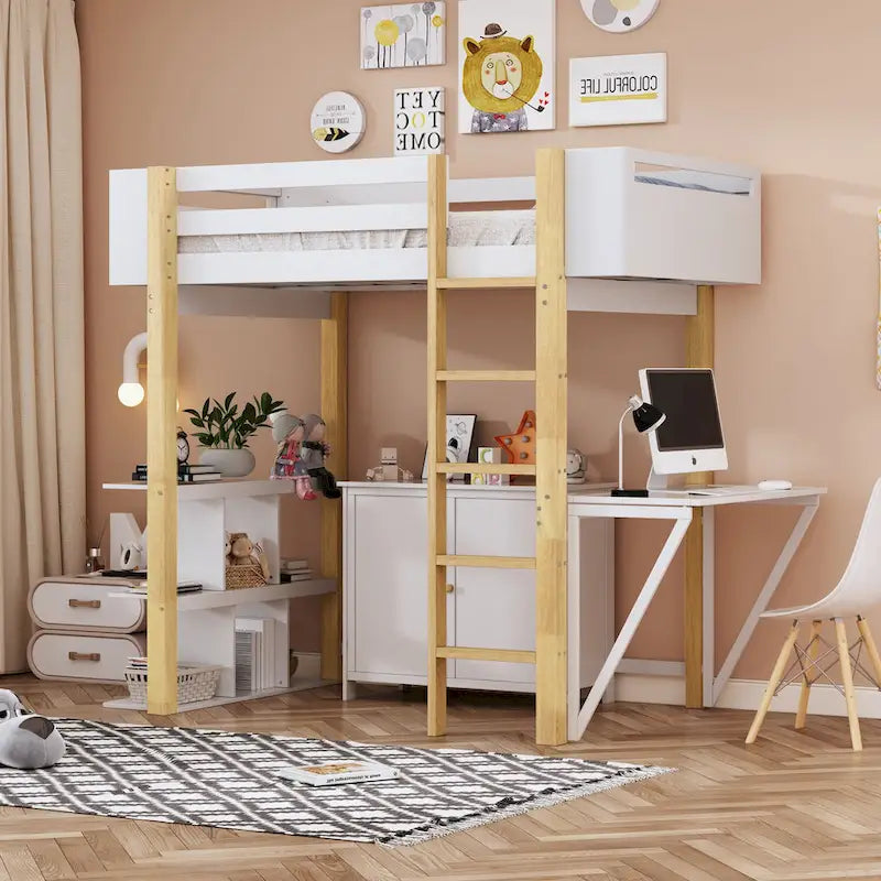 Twin Size Solid Wood Loft Bed with Built-in Storage and Foldable Desk