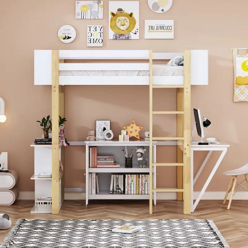 Twin Size Solid Wood Loft Bed with Built-in Storage and Foldable Desk