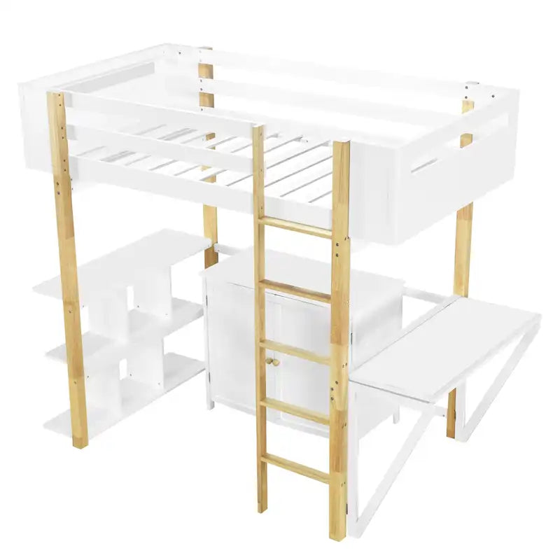 Twin Size Solid Wood Loft Bed with Built-in Storage and Foldable Desk