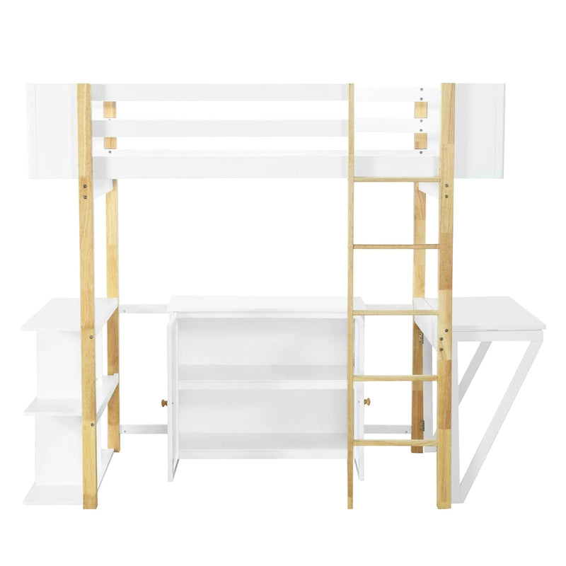 Twin Size Solid Wood Loft Bed with Built-in Storage and Foldable Desk