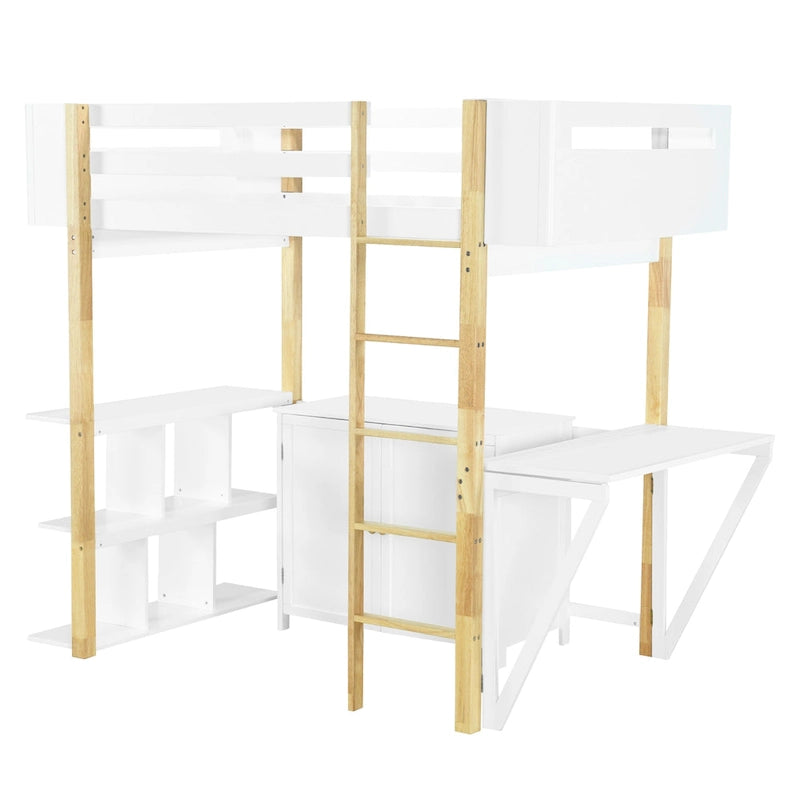 Twin Size Solid Wood Loft Bed with Built-in Storage and Foldable Desk