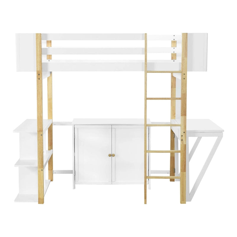 Twin Size Solid Wood Loft Bed with Built-in Storage and Foldable Desk