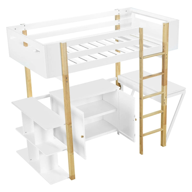 Twin Size Solid Wood Loft Bed with Built-in Storage and Foldable Desk