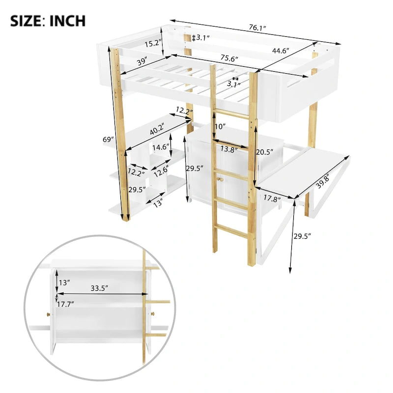 Twin Size Solid Wood Loft Bed with Built-in Storage and Foldable Desk