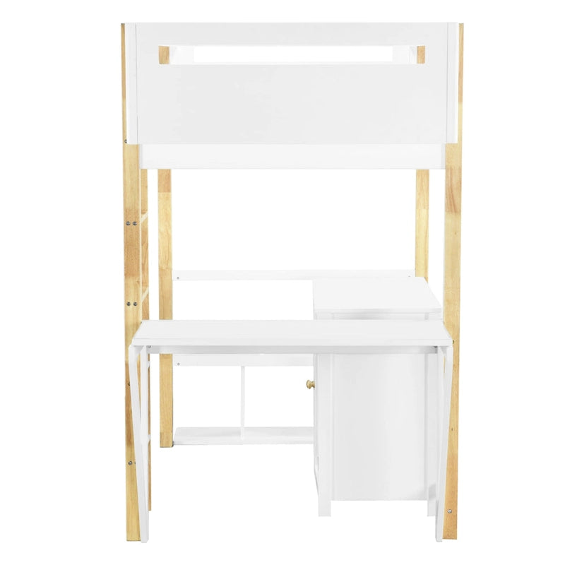 Twin Size Solid Wood Loft Bed with Built-in Storage and Foldable Desk