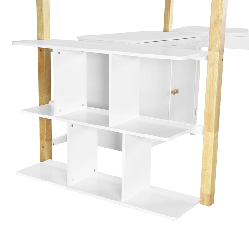 Twin Size Solid Wood Loft Bed with Built-in Storage and Foldable Desk