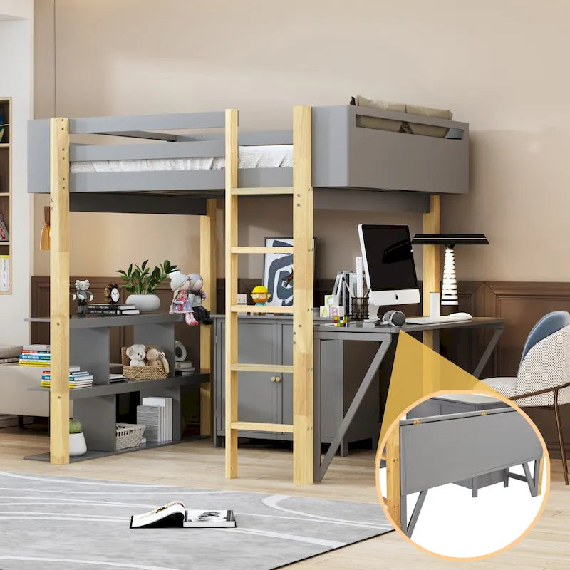 Twin Size Solid Wood Loft Bed with Built-in Storage and Foldable Desk