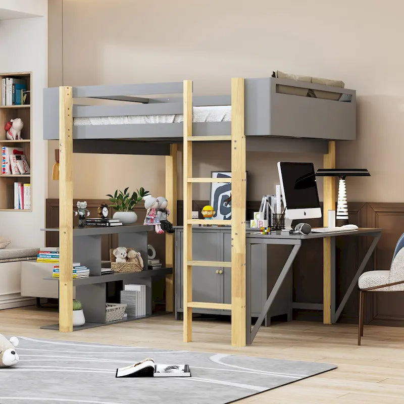 Twin Size Solid Wood Loft Bed with Built-in Storage and Foldable Desk