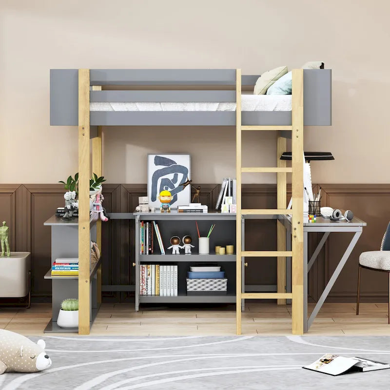 Twin Size Solid Wood Loft Bed with Built-in Storage and Foldable Desk