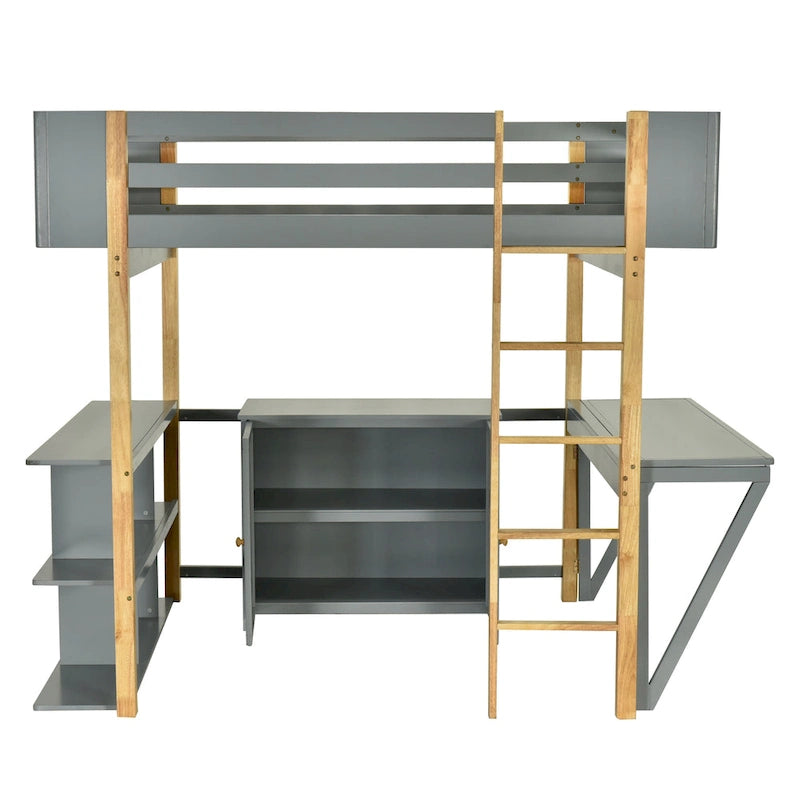 Twin Size Solid Wood Loft Bed with Built-in Storage and Foldable Desk