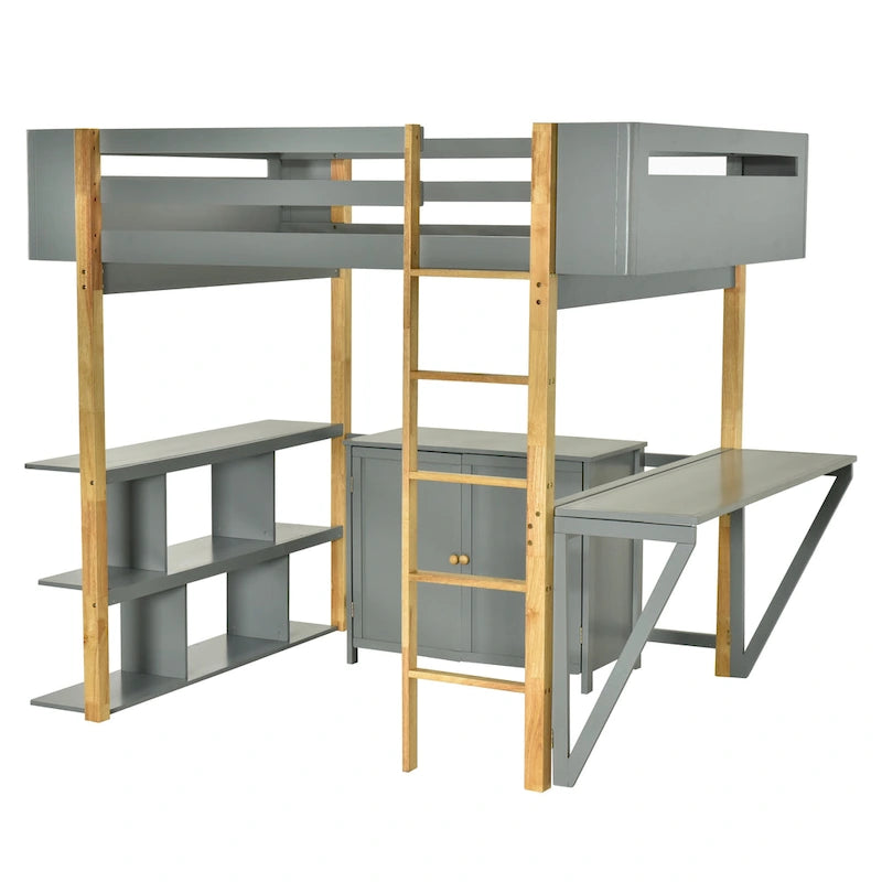 Twin Size Solid Wood Loft Bed with Built-in Storage and Foldable Desk