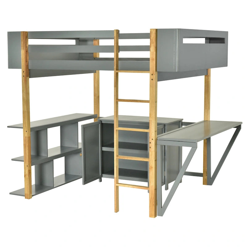 Twin Size Solid Wood Loft Bed with Built-in Storage and Foldable Desk