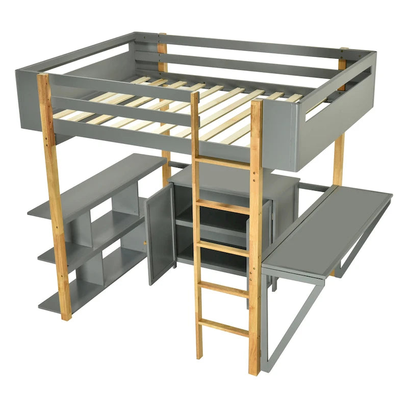 Twin Size Solid Wood Loft Bed with Built-in Storage and Foldable Desk