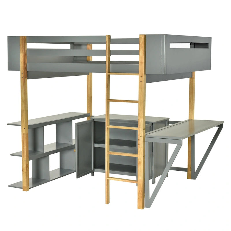 Twin Size Solid Wood Loft Bed with Built-in Storage and Foldable Desk