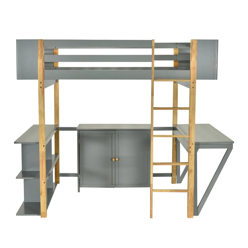 Twin Size Solid Wood Loft Bed with Built-in Storage and Foldable Desk