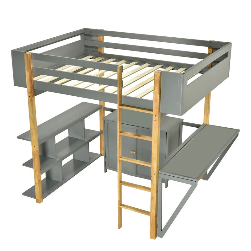 Twin Size Solid Wood Loft Bed with Built-in Storage and Foldable Desk