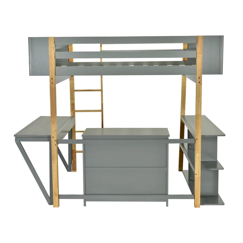 Twin Size Solid Wood Loft Bed with Built-in Storage and Foldable Desk