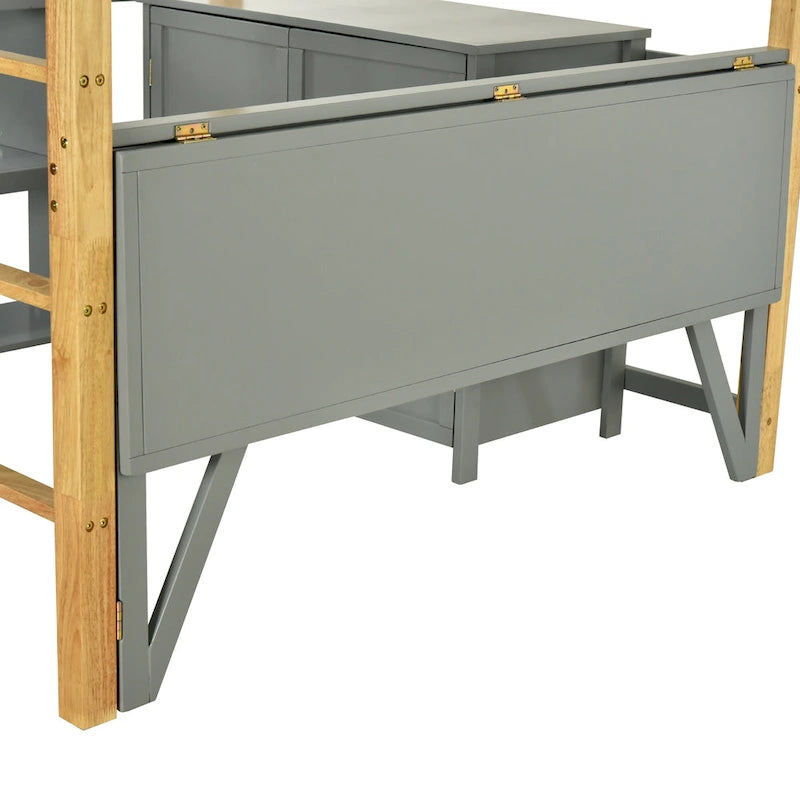 Twin Size Solid Wood Loft Bed with Built-in Storage and Foldable Desk