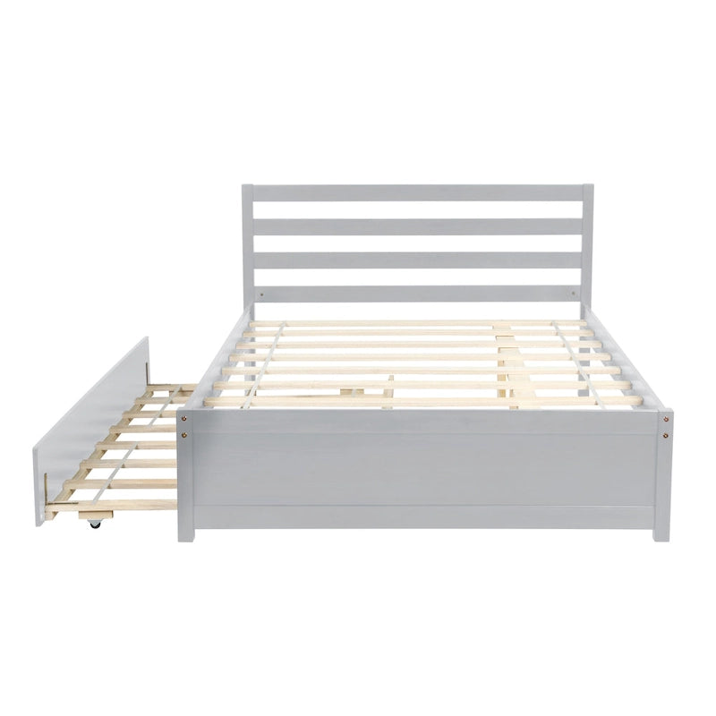 Grey Full Size Wood Platform Bed Frame with Headboard and Twin Trundle - No Box Spring Needed, Durable Pine Wood, Slat Support