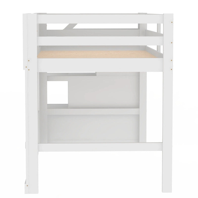 Solid Wood Loft Bed with Storage Staircase and Window