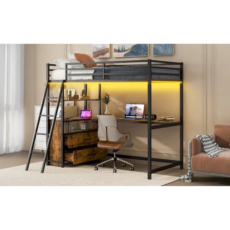 Black Twin Size Metal Wood Loft Bed with Desk and Shelves, Two Built-in Drawers, LED Light and USB Charging Station