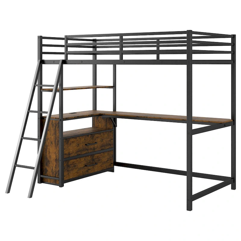 Black Twin Size Metal Wood Loft Bed with Desk and Shelves, Two Built-in Drawers, LED Light and USB Charging Station