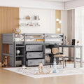 Grey Twin Size Wood Low Loft Bed With Pull-Out Desk, Drawers, Cabinet, and Shelves