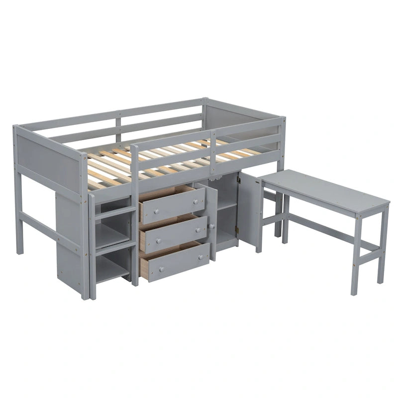 Grey Twin Size Wood Low Loft Bed With Pull-Out Desk, Drawers, Cabinet, and Shelves